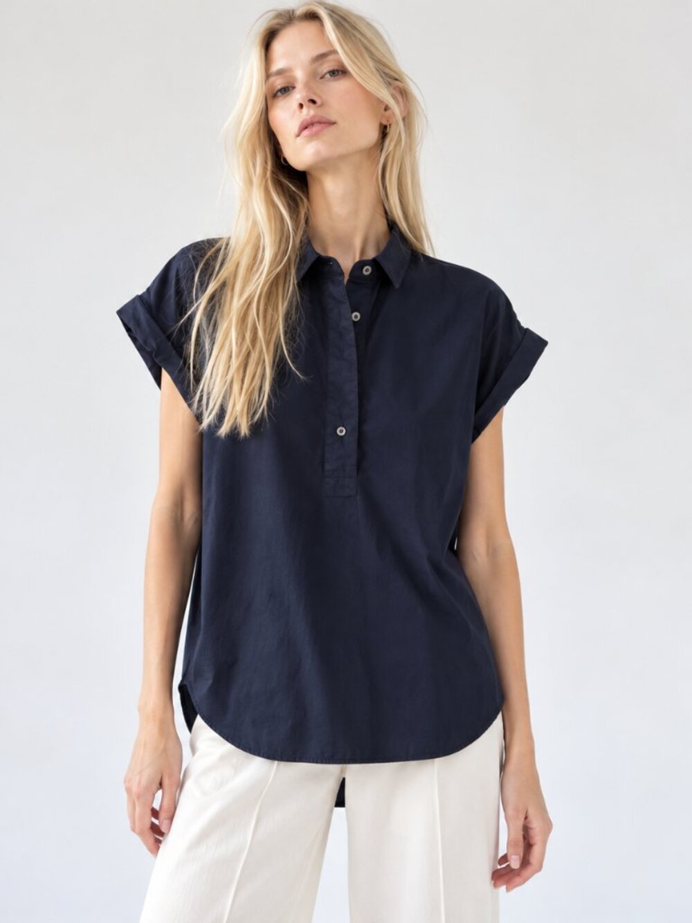 J. Crew Navy Blue Cotton Popover Shirt Cuffed Short Sleeve High Low Hem Henley 6